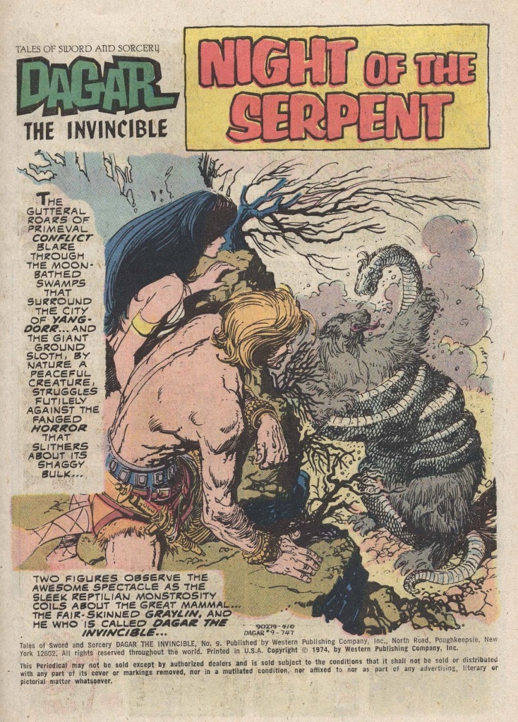 Dagar and his companion Graylin watch a serpent overpower a Megatherium in issue #9