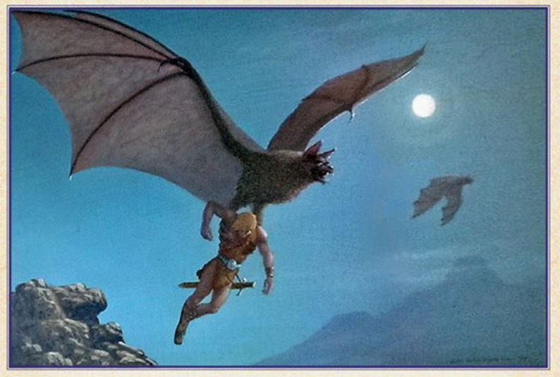 Dagar is carried aloft by a giant bat!