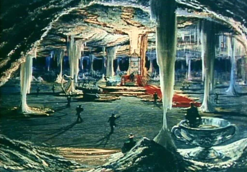 A pre-production oil sketch by Peter Ellenshaw of King Brian's underground kingdom
