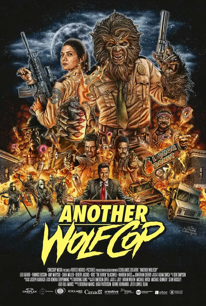 The main poster art for ANOTHER WOLFCOP.  Wolfcop thrusts a beer at us! 