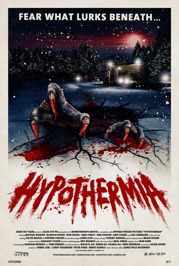 A classic monster's-hands-reaching-out-to-the-viewer horror poster design for a movie about a family that goes ice fishing and encounters a creature from the depths!