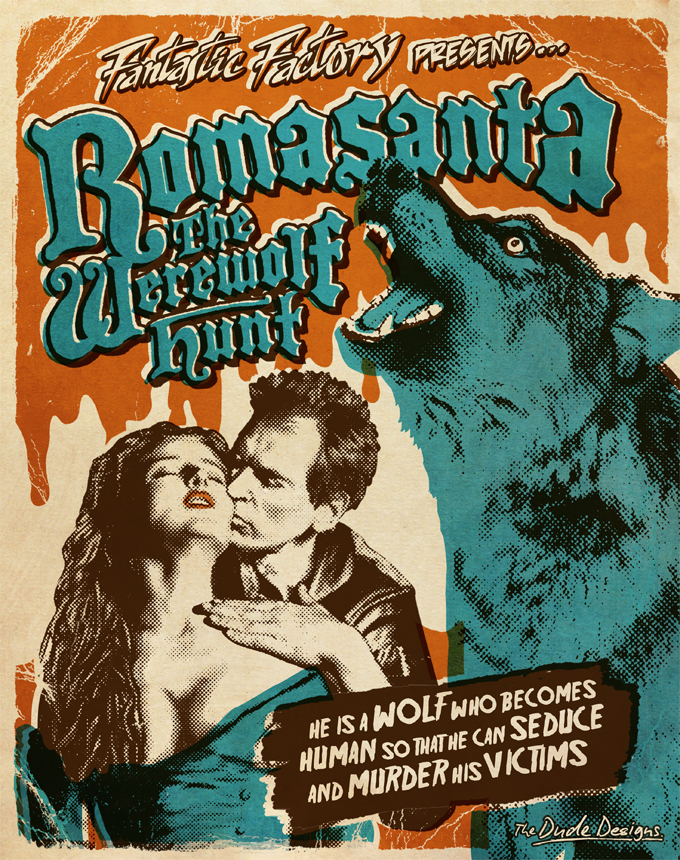 Thomas ensures that the artwork for ROMASANTA: THE WEREWOLF HUNT has the same pulpy pop art look as the other three covers in this set