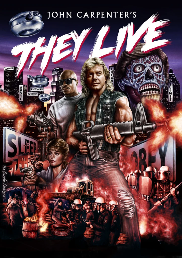 This is a slight reworking of the artwork Thomas did for Scream Factory, to be used for Studio Canal’s Europe-wide Blu-ray release of THEY LIVE