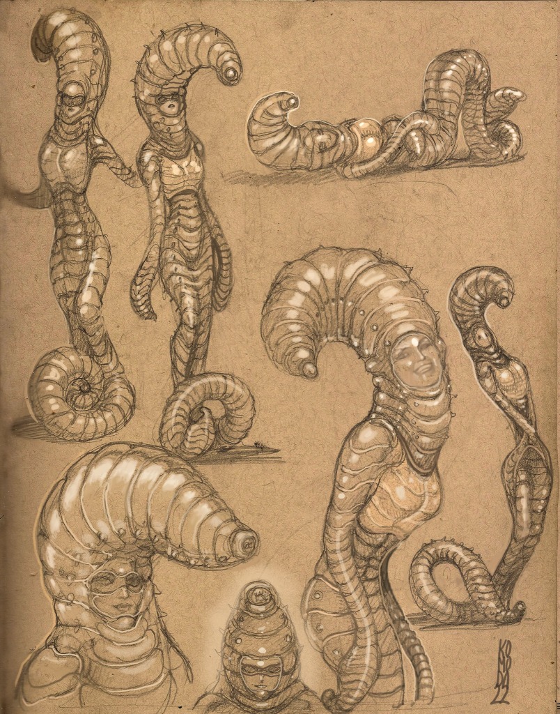 These were the very first drawings Paul did of the Heidi Klum worm suit,  just trying to nail down a direction